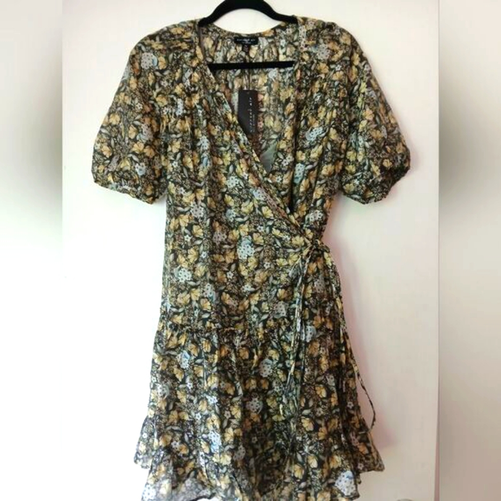 Current Air Anthropologie NWT Green Floral Tier Flowy Flare Wrap Ruffle Dress XS
